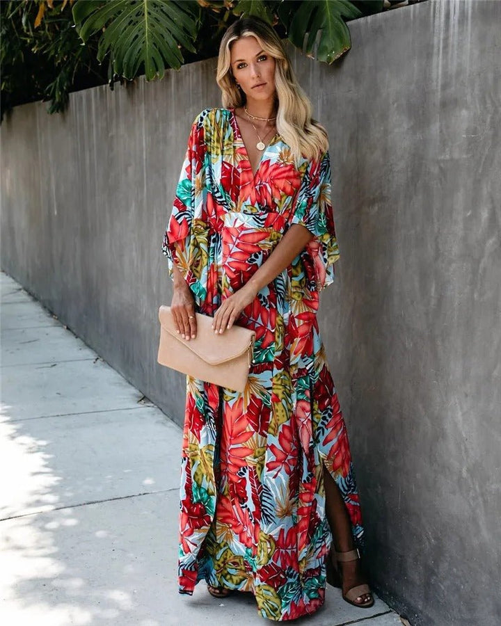 Boho Wrap Maxi Dress Floral Kimono Sleeve V-Neck