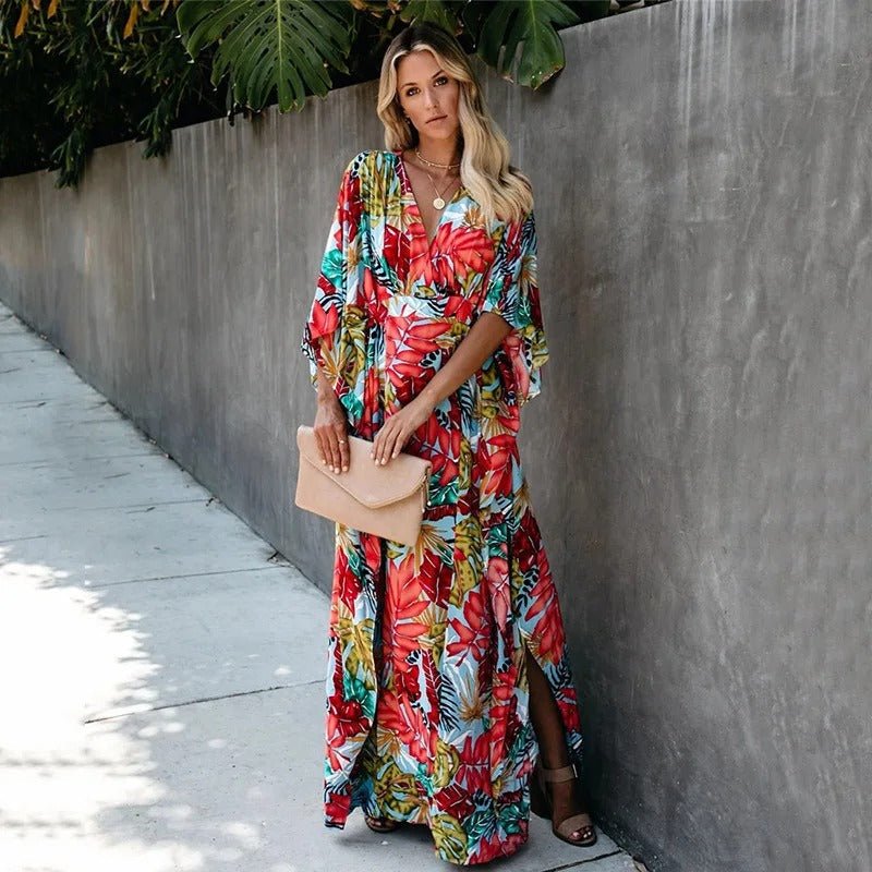 Boho Wrap Maxi Dress Floral Kimono Sleeve V-Neck