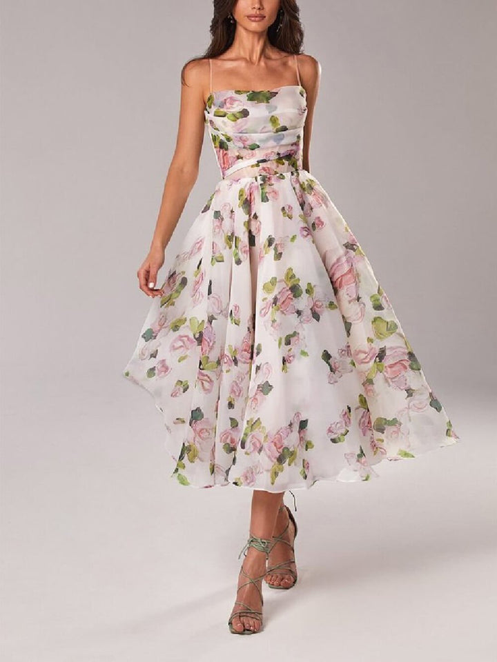 Floral A-Line Midi Dress Spaghetti Strap Cowl Neck - Pink