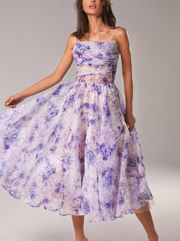 Floral A-Line Midi Dress Spaghetti Strap Cowl Neck - Purple