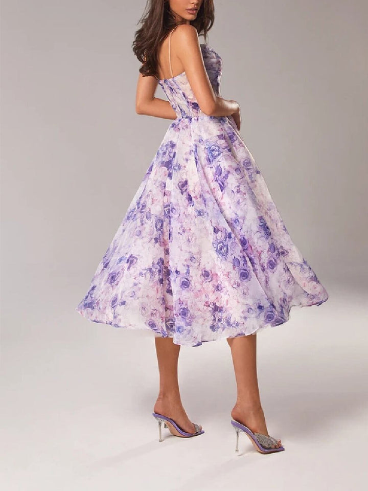 Floral A-Line Midi Dress Spaghetti Strap Cowl Neck