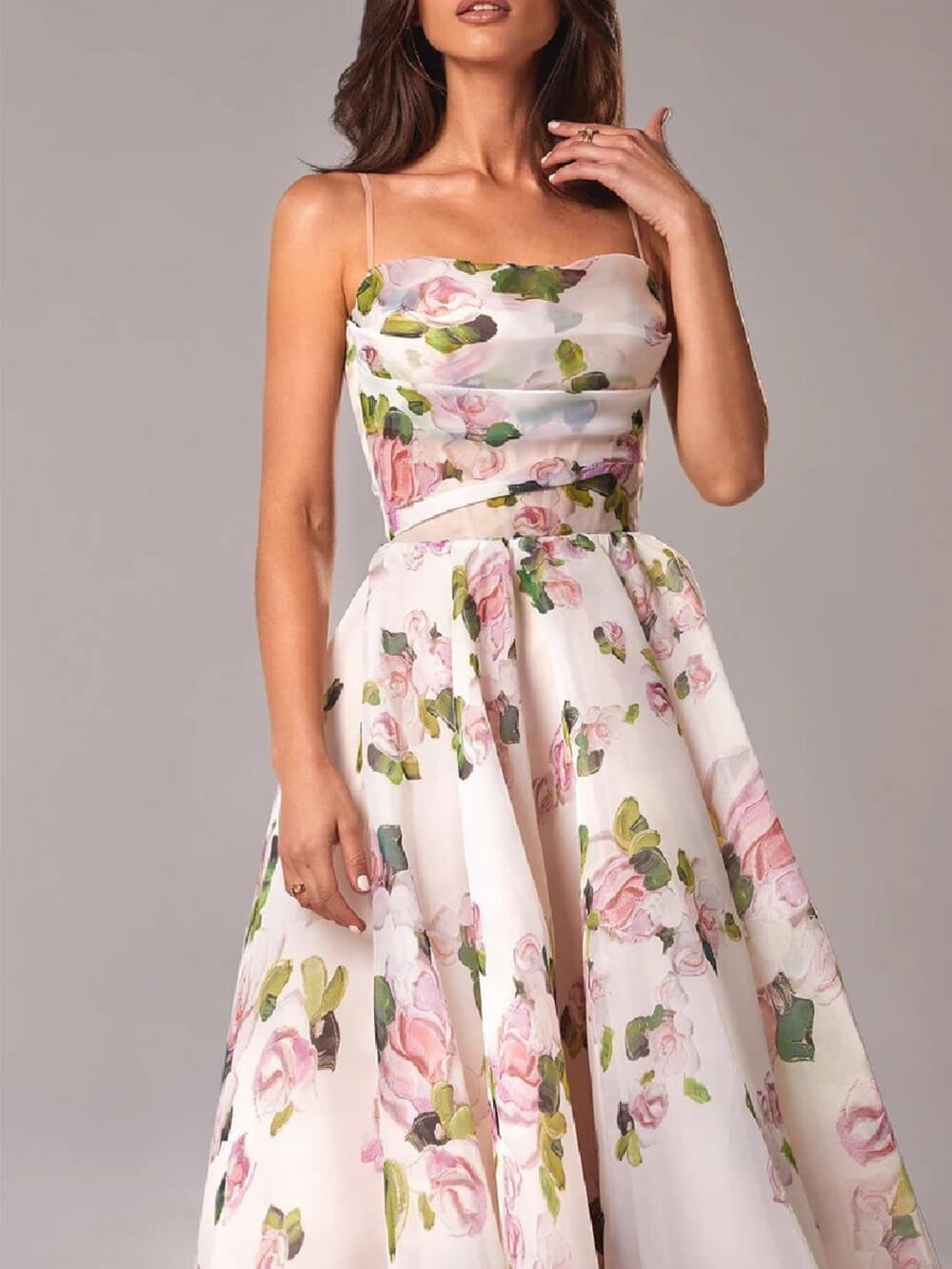 Floral A-Line Midi Dress Spaghetti Strap Cowl Neck