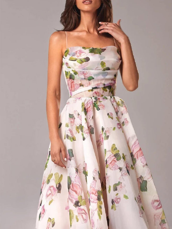Floral A-Line Midi Dress Spaghetti Strap Cowl Neck