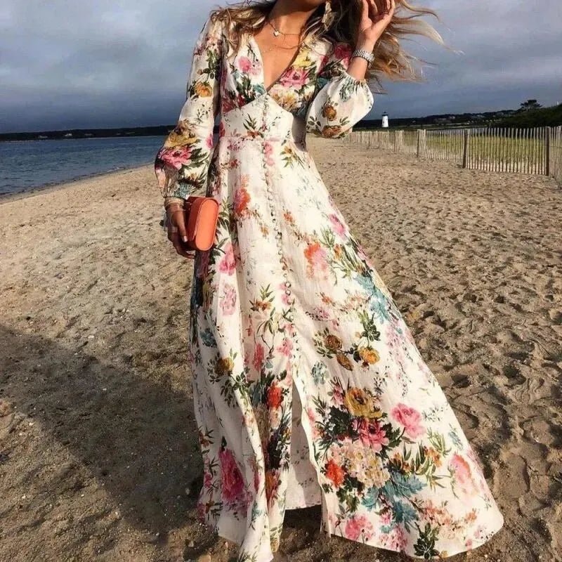 Floral Maxi Dress Long Sleeve Boho V-Neck Beach - Multicolor