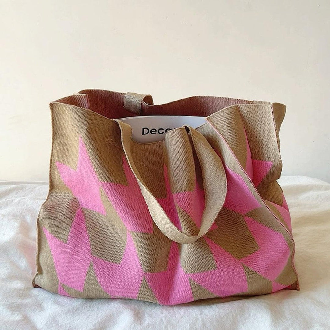 Graphic Print Oversized Canvas Tote Bag Beige Pink - Pink