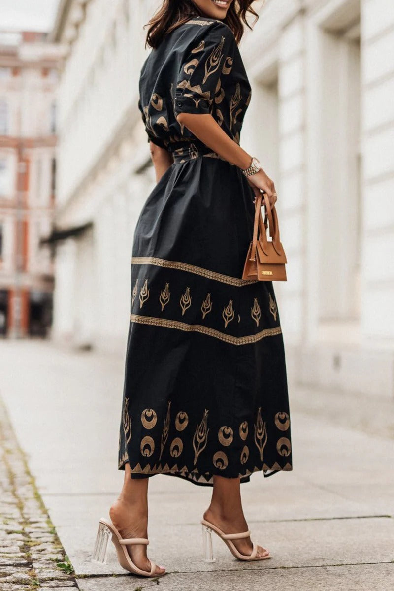 Kaitlyn  | Women's Boho Printed Belted Long Sleeve Midi Dress