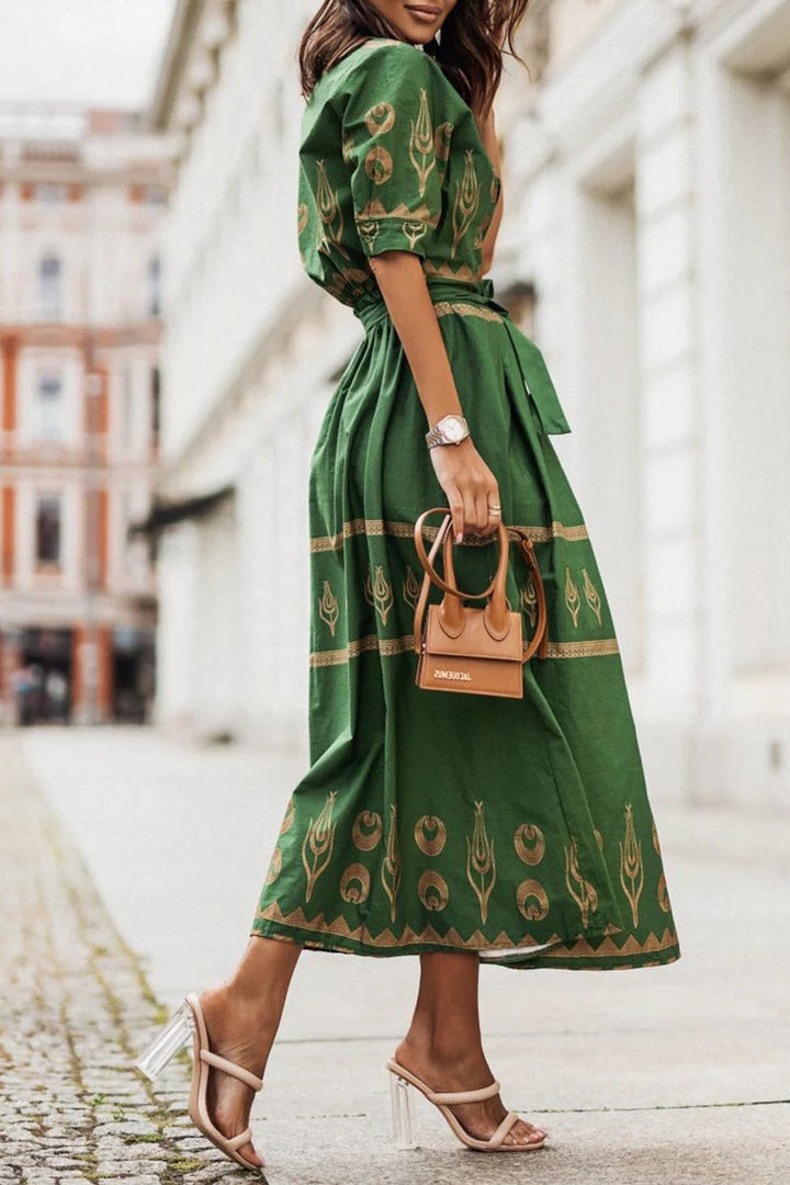 Kaitlyn  | Women's Boho Printed Belted Long Sleeve Midi Dress