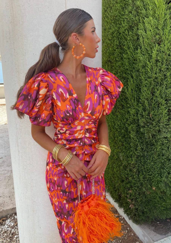 Sydney | Women’s Summer Printed Puff Sleeve Midi Dress