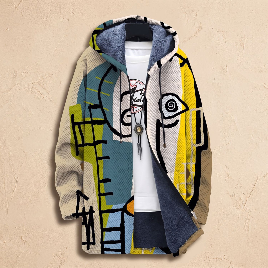 Men's Abstract Art Fleece-Lined Zip-Up Hooded Cardigan - Multicolor