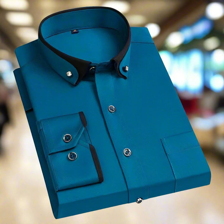 Men's Button-Down Long-Sleeve Contrast-Collar Dress Shirt - Turquoise Blue