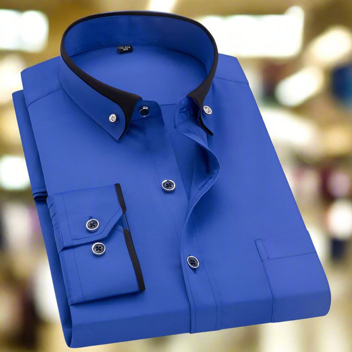 Men's Button-Down Long-Sleeve Contrast-Collar Dress Shirt - Blue