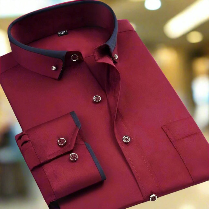 Men's Button-Down Long-Sleeve Contrast-Collar Dress Shirt - Red