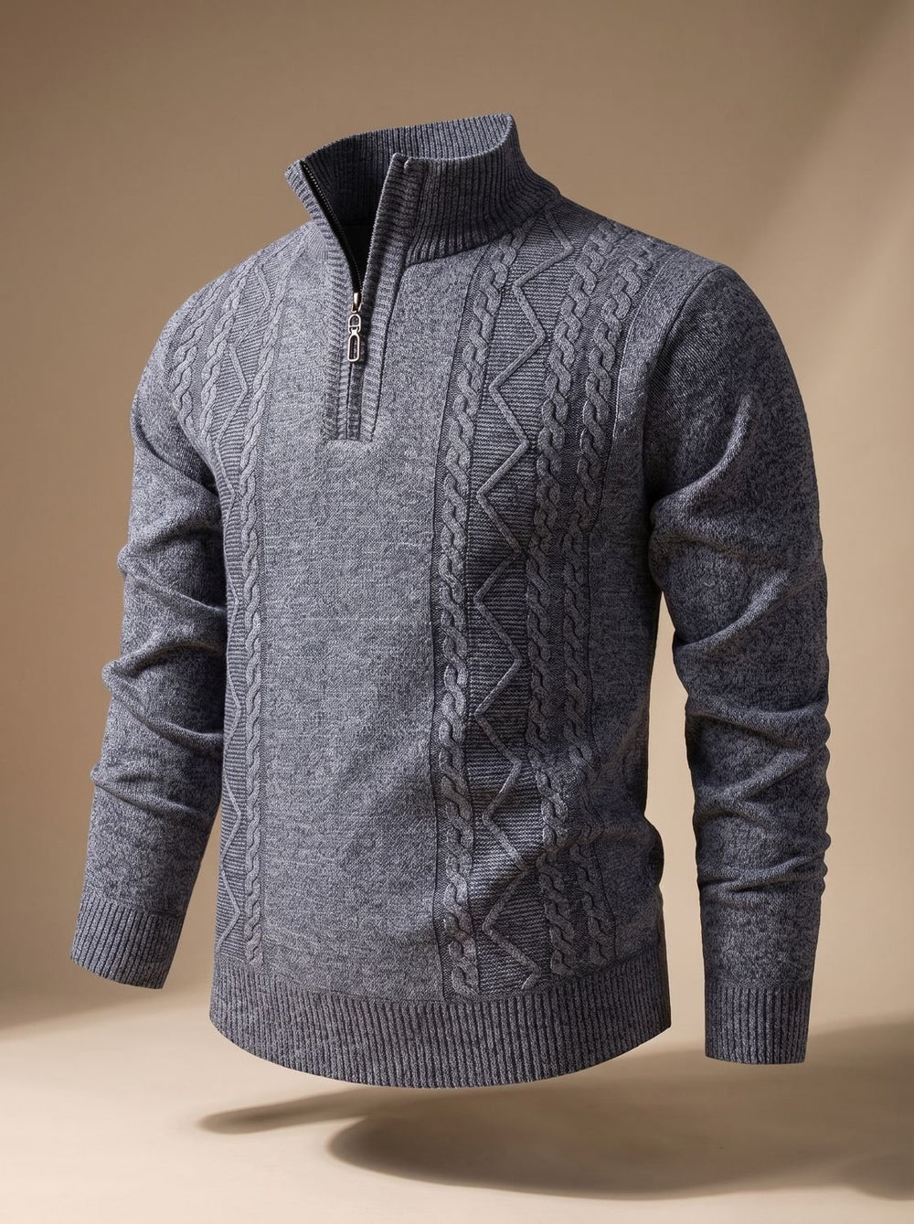 Men's Cable-Knit Quarter-Zip Stand-Collar Pullover Sweater