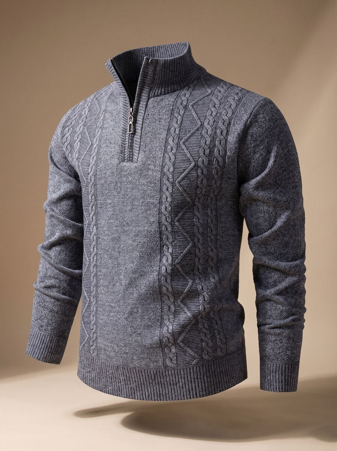 Men's Cable-Knit Quarter-Zip Stand-Collar Pullover Sweater