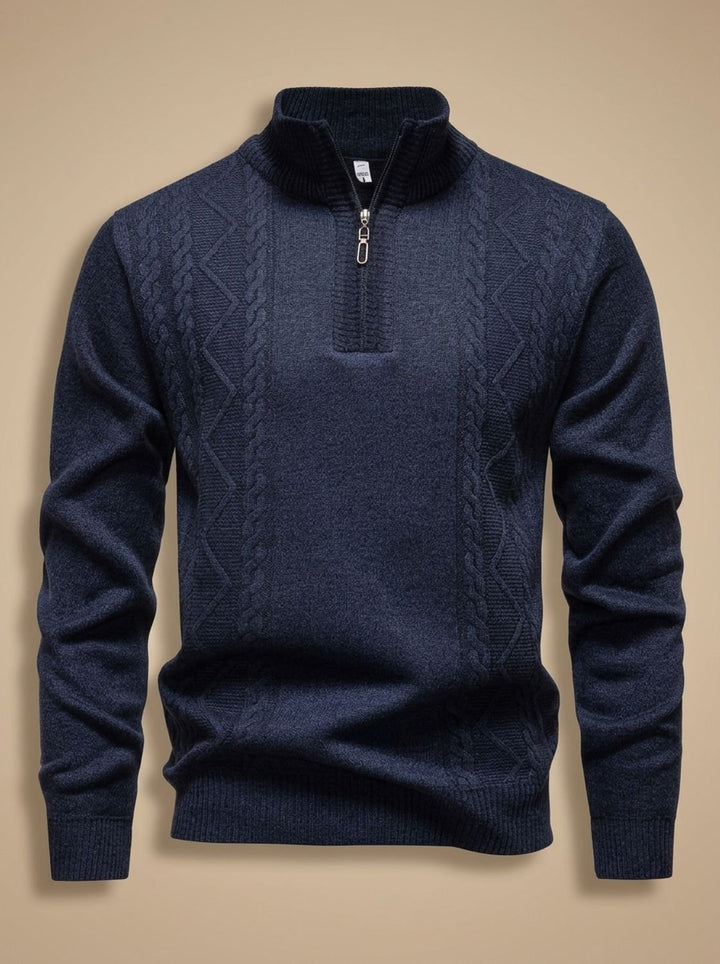 Men's Cable-Knit Quarter-Zip Stand-Collar Pullover Sweater