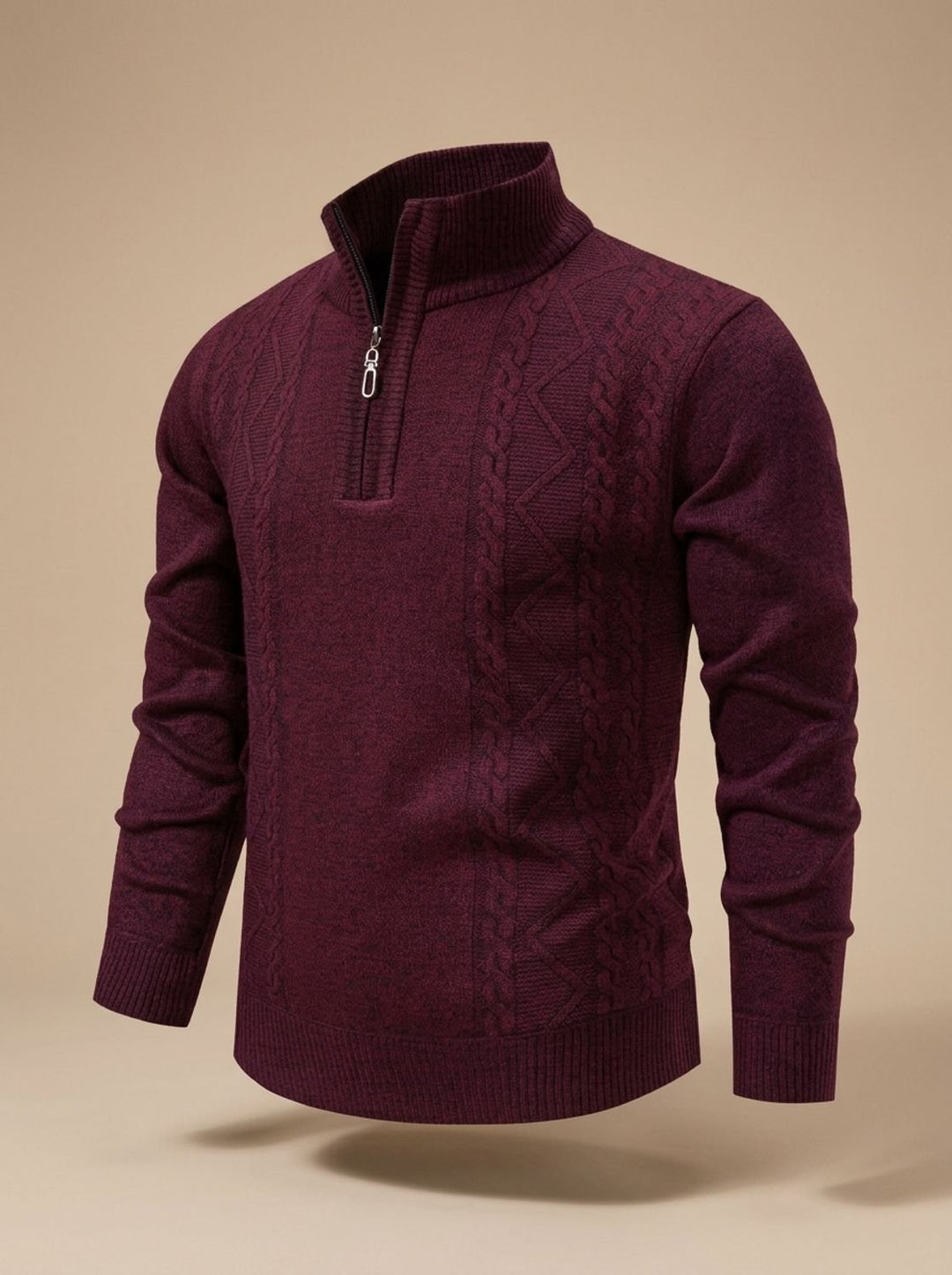 Men's Cable-Knit Quarter-Zip Stand-Collar Pullover Sweater