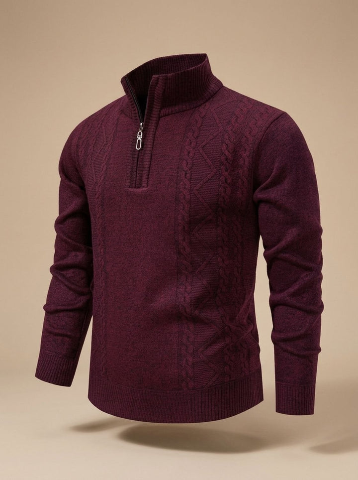 Men's Cable-Knit Quarter-Zip Stand-Collar Pullover Sweater