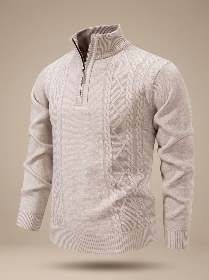 Men's Cable-Knit Quarter-Zip Stand-Collar Pullover Sweater