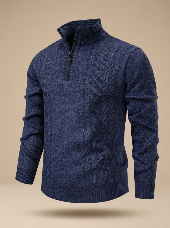 Men's Cable-Knit Quarter-Zip Stand-Collar Pullover Sweater