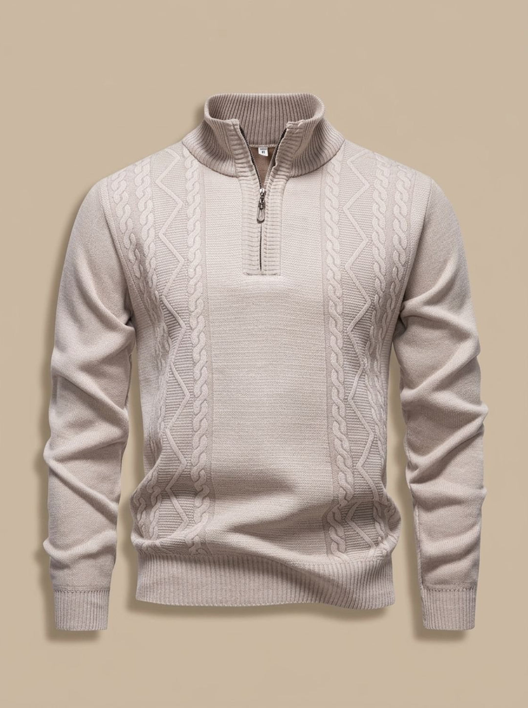 Men's Cable-Knit Quarter-Zip Stand-Collar Pullover Sweater - Beige
