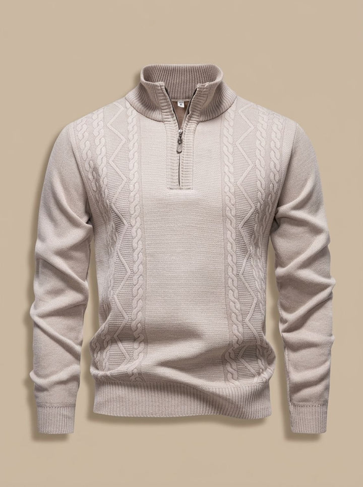 Men's Cable-Knit Quarter-Zip Stand-Collar Pullover Sweater - Beige