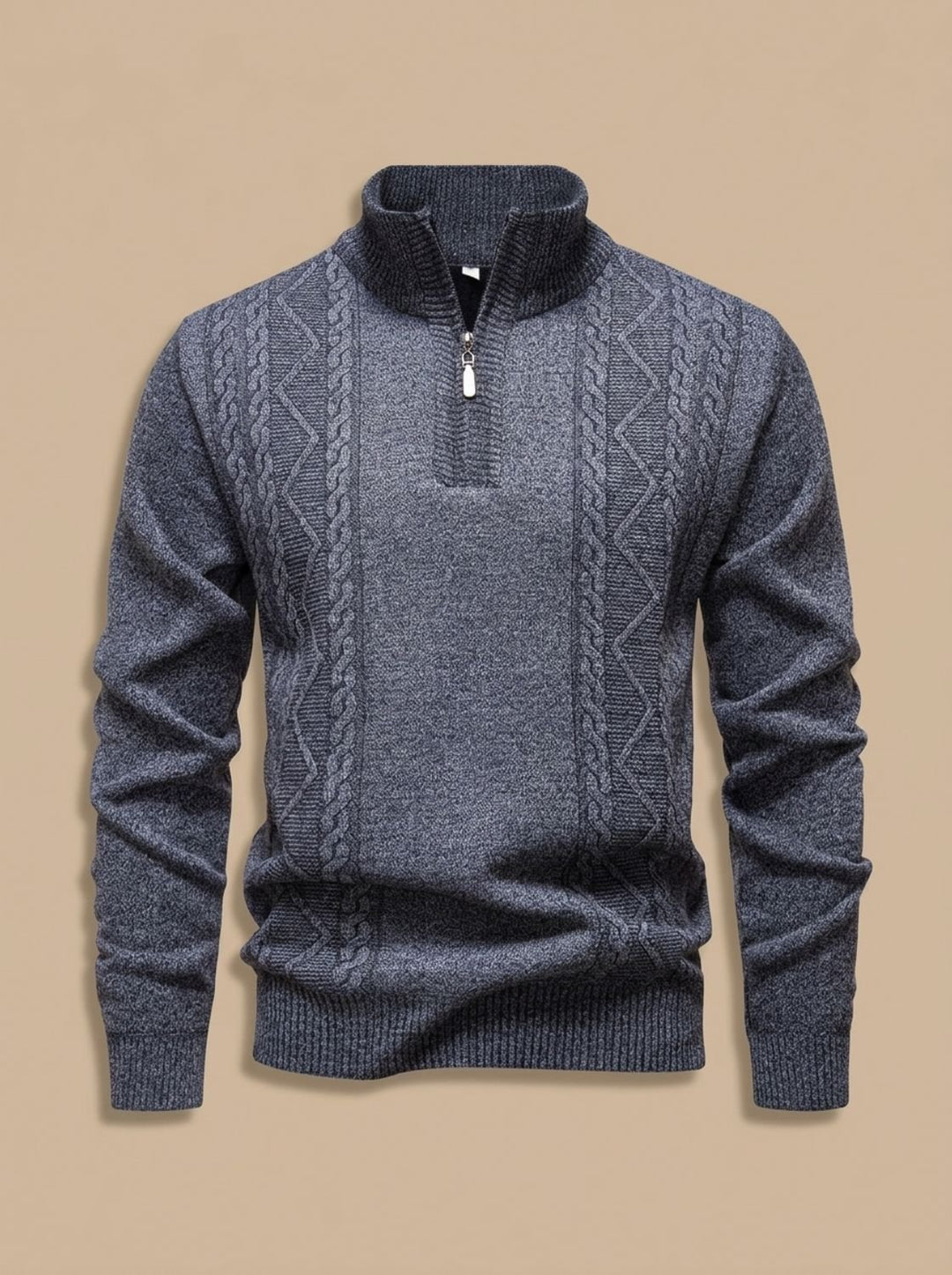 Men's Cable-Knit Quarter-Zip Stand-Collar Pullover Sweater - Light Gray