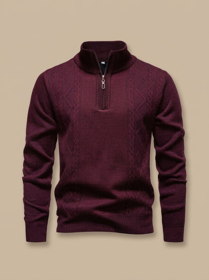 Men's Cable-Knit Quarter-Zip Stand-Collar Pullover Sweater - Burgundy