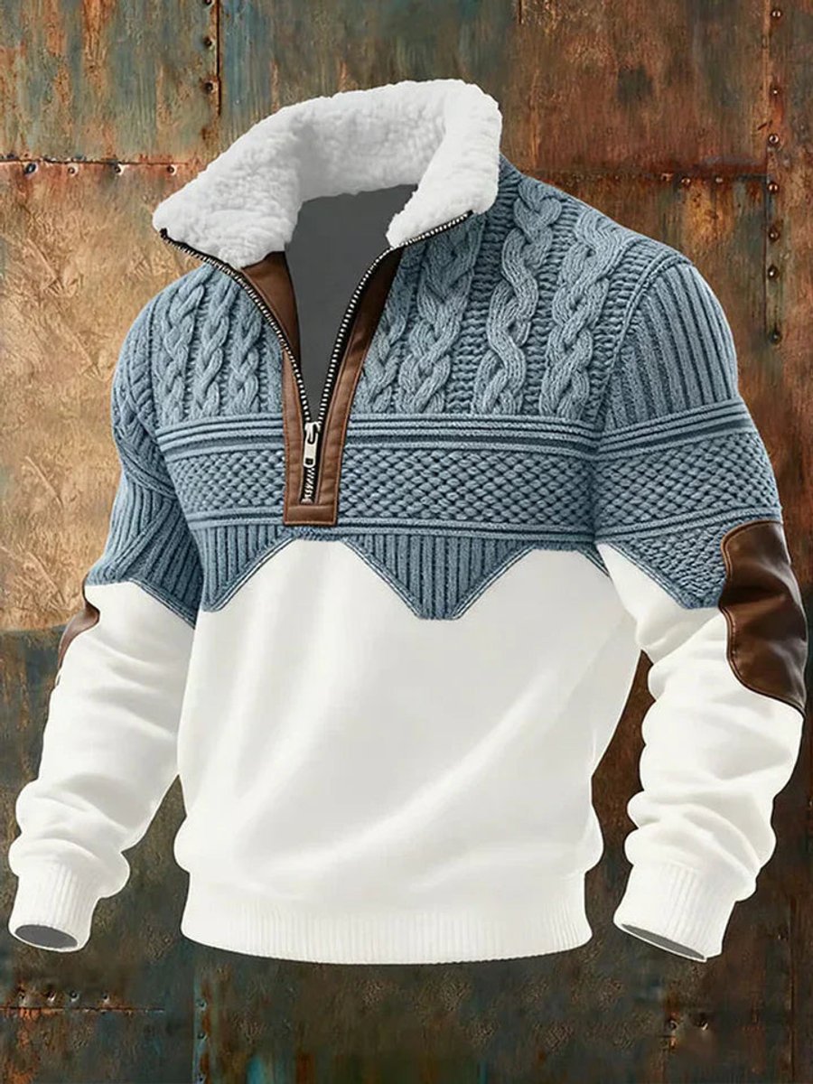 Men's Cable Knit Sweater Half-Zip Fleece Collar Color Block Pullover