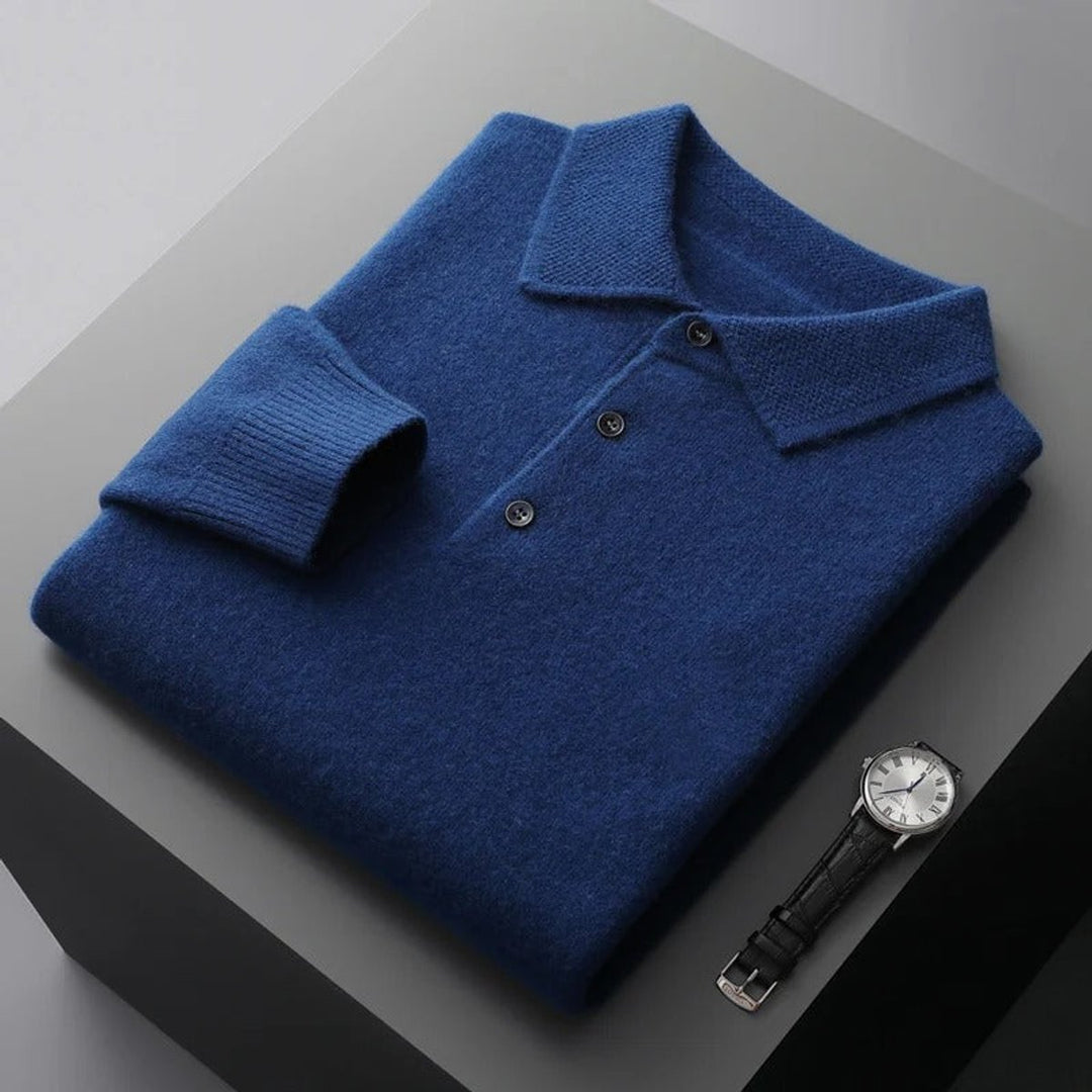 Men's Cashmere Knit Sweater Long Sleeve Polo Button Pullover - Navy Blue