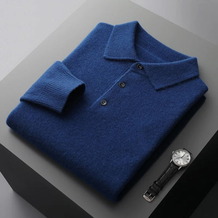 Men's Cashmere Knit Sweater Long Sleeve Polo Button Pullover - Navy Blue