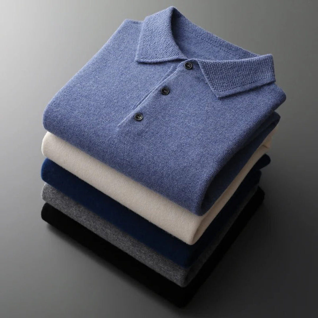 Men's Cashmere Knit Sweater Long Sleeve Polo Button Pullover