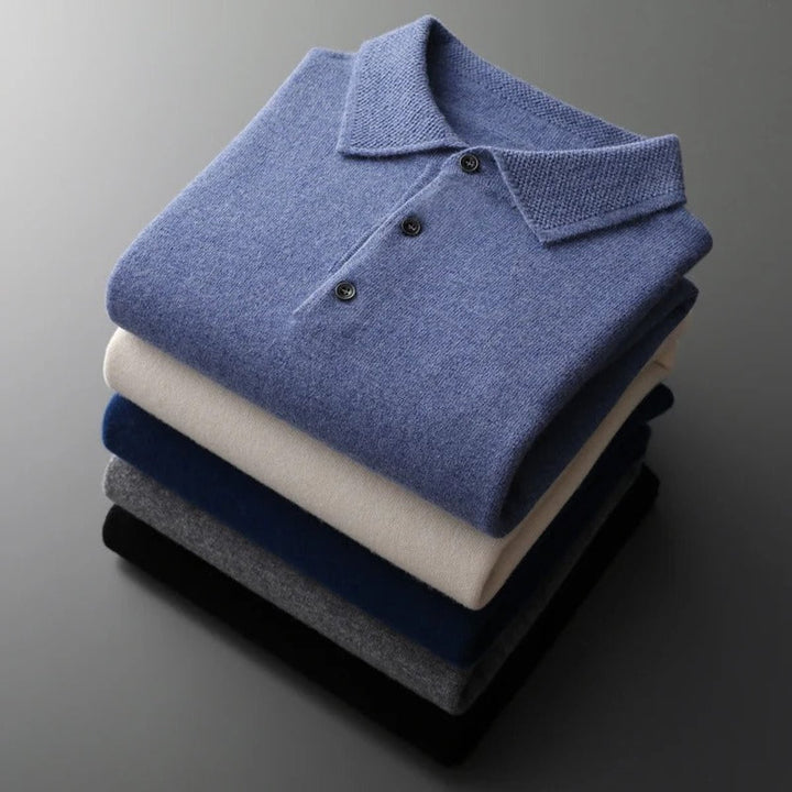 Men's Cashmere Knit Sweater Long Sleeve Polo Button Pullover