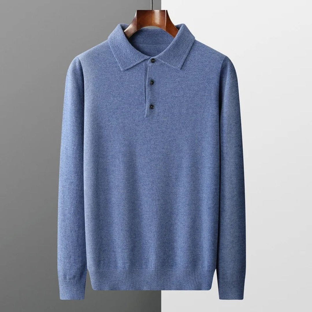 Men's Cashmere Knit Sweater Long Sleeve Polo Button Pullover