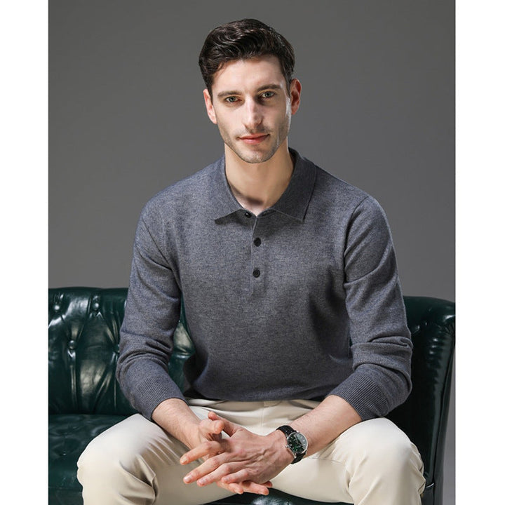Men's Cashmere Knit Sweater Long Sleeve Polo Button Pullover