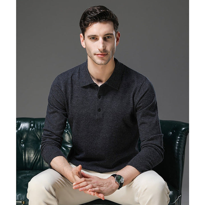 Men's Cashmere Knit Sweater Long Sleeve Polo Button Pullover