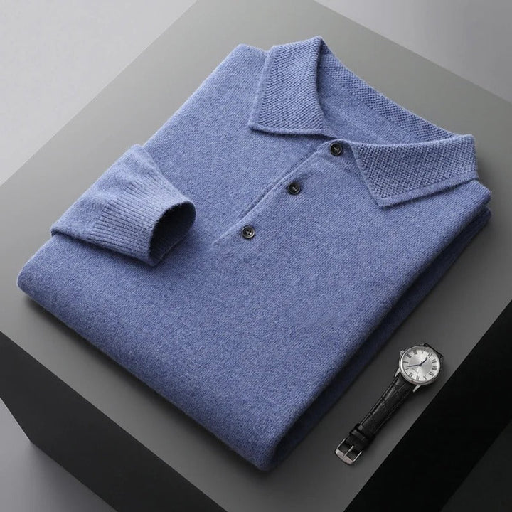 Men's Cashmere Knit Sweater Long Sleeve Polo Button Pullover - Blue