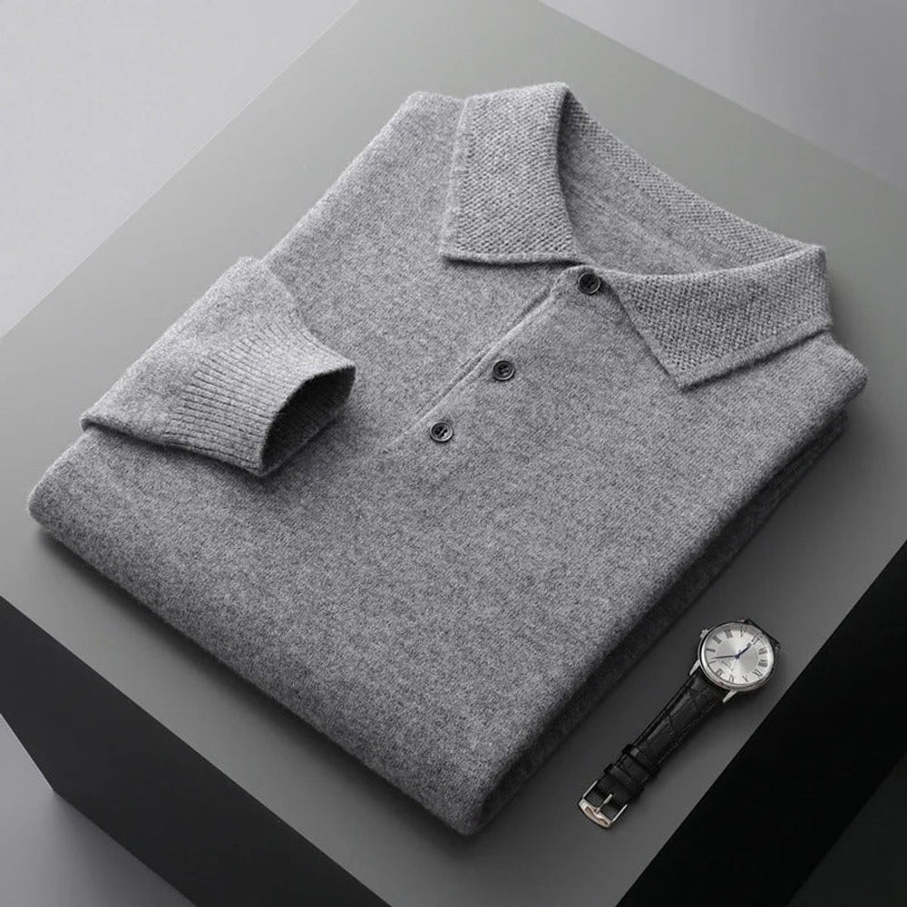 Men's Cashmere Knit Sweater Long Sleeve Polo Button Pullover - Gray