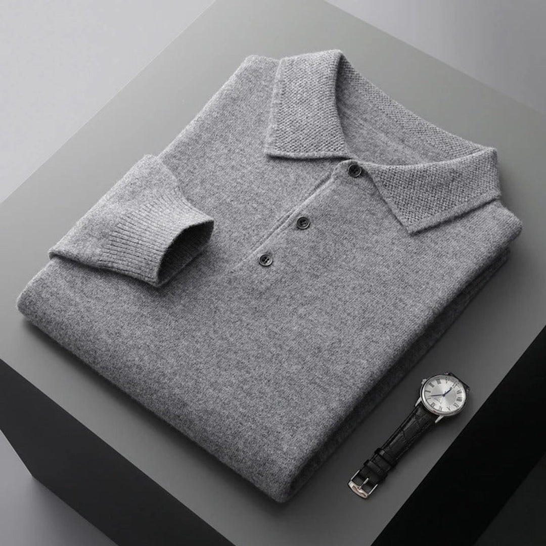 Men's Cashmere Knit Sweater Long Sleeve Polo Button Pullover - Gray