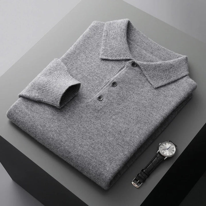 Men's Cashmere Knit Sweater Long Sleeve Polo Button Pullover - Gray