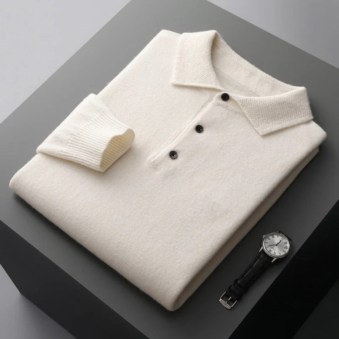 Men's Cashmere Knit Sweater Long Sleeve Polo Button Pullover - White
