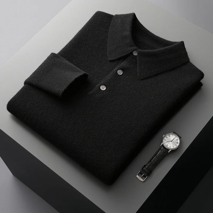 Men's Cashmere Knit Sweater Long Sleeve Polo Button Pullover - Black