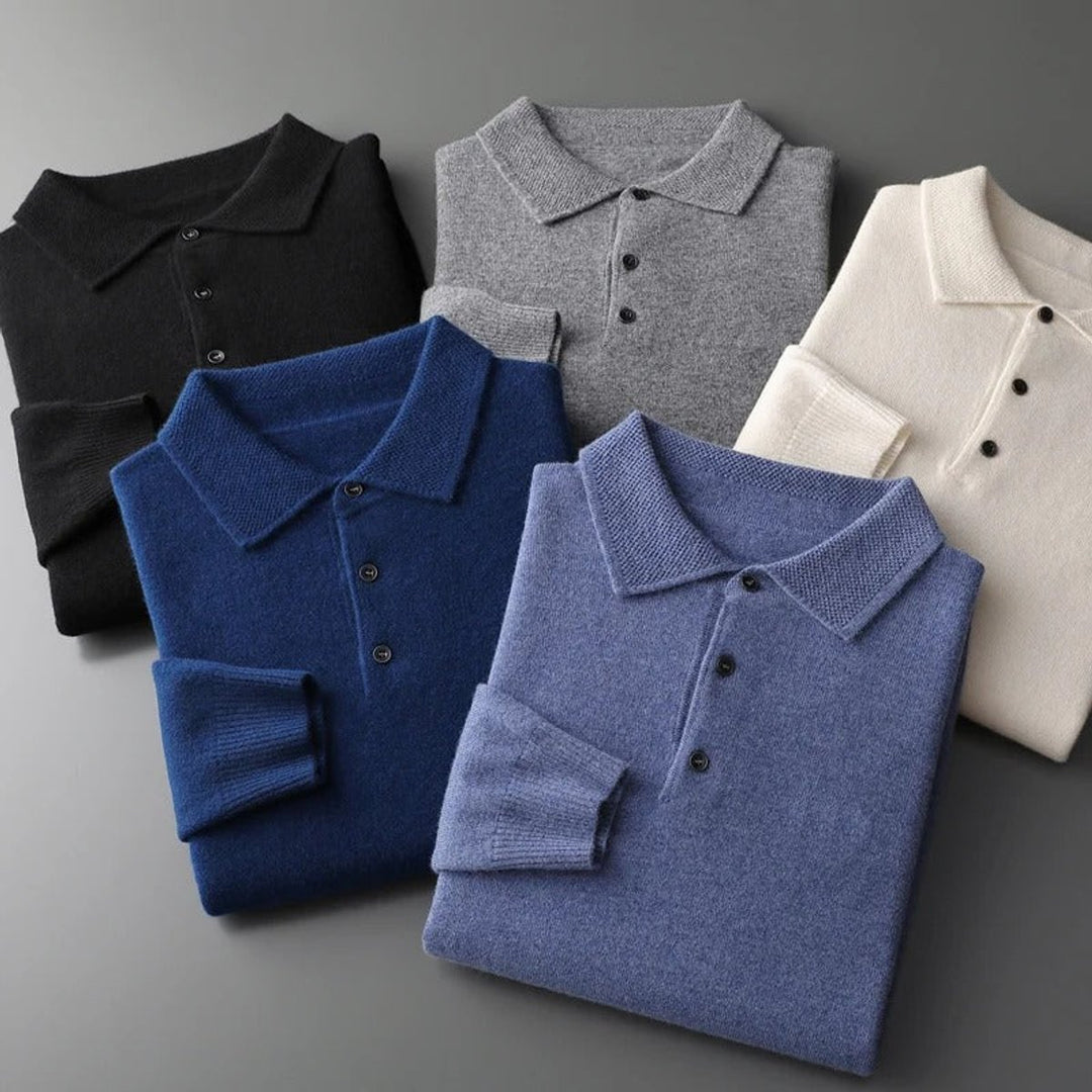 Men's Cashmere Knit Sweater Long Sleeve Polo Button Pullover