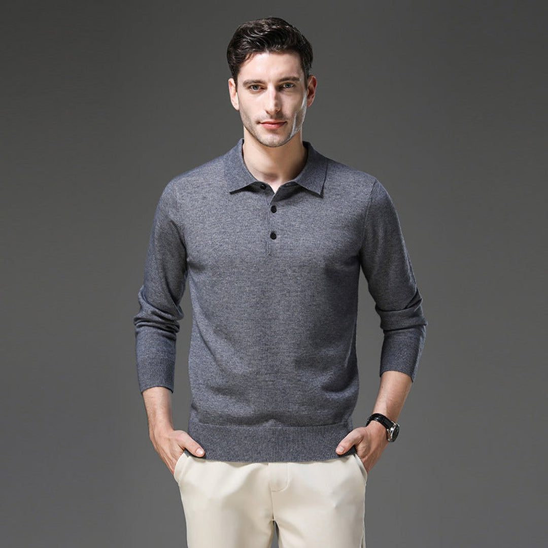 Men's Cashmere Knit Sweater Long Sleeve Polo Button Pullover