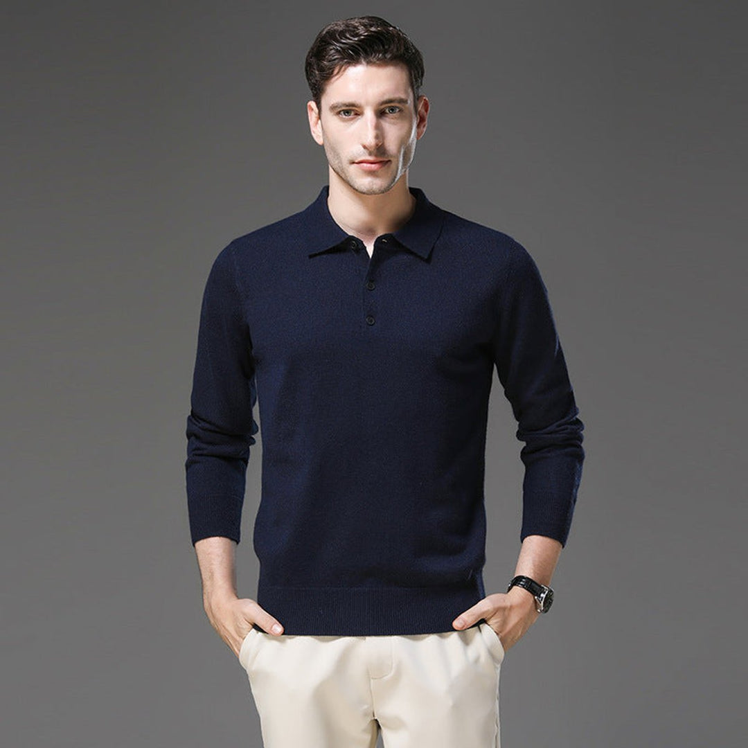 Men's Cashmere Knit Sweater Long Sleeve Polo Button Pullover