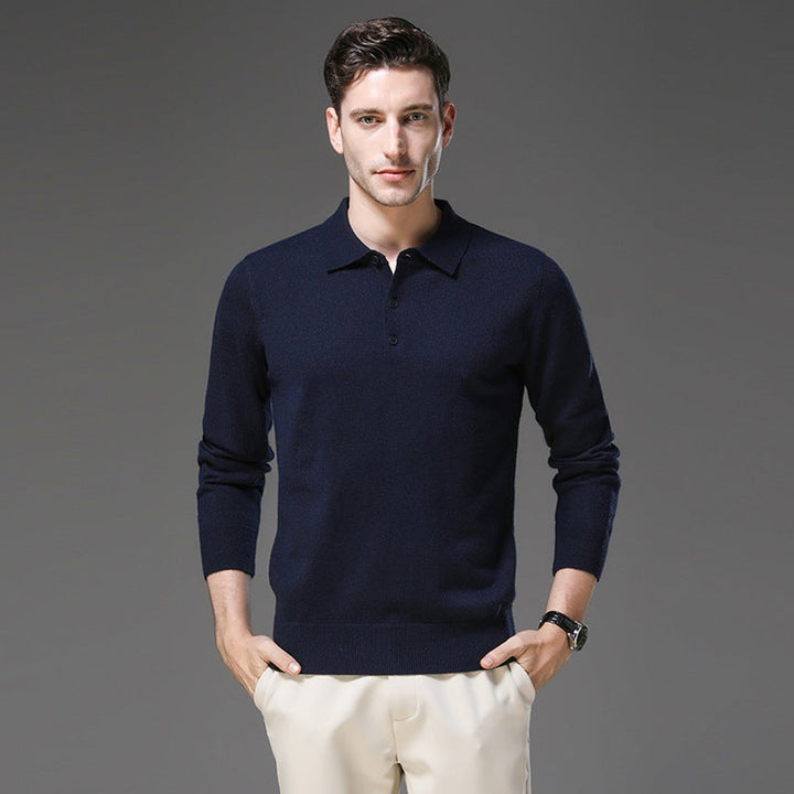 Men's Cashmere Knit Sweater Long Sleeve Polo Button Pullover