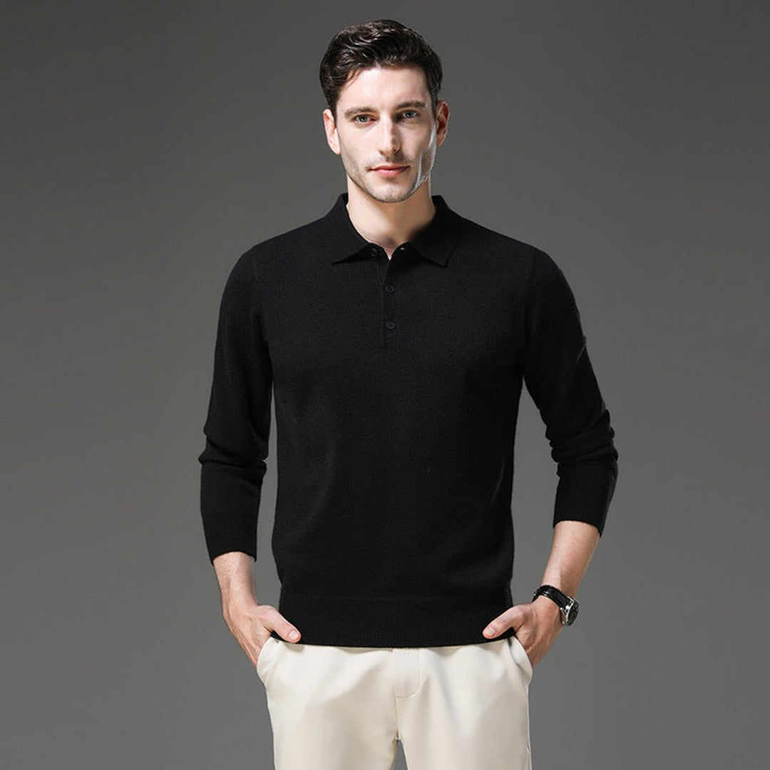 Men's Cashmere Knit Sweater Long Sleeve Polo Button Pullover