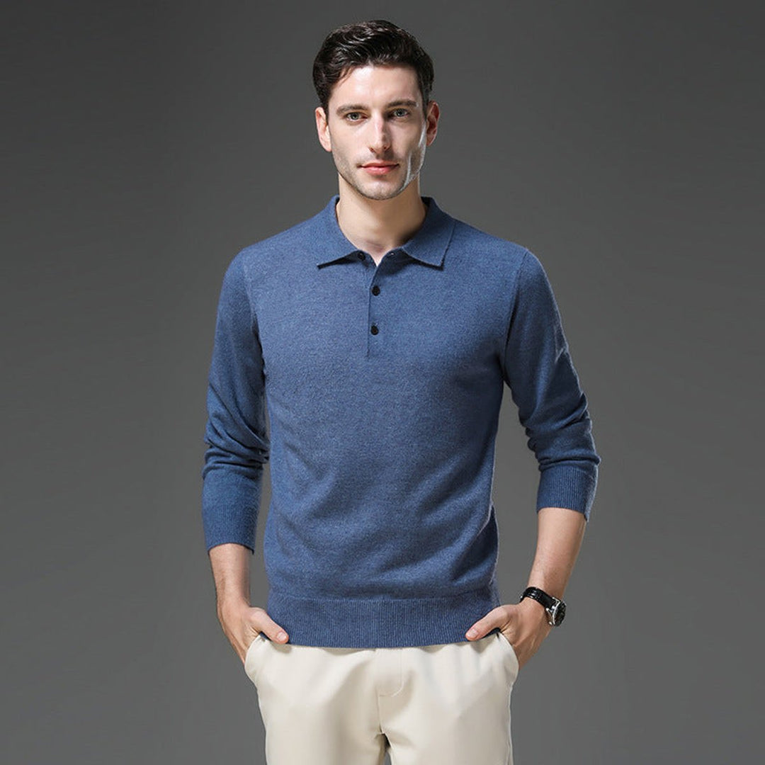 Men's Cashmere Knit Sweater Long Sleeve Polo Button Pullover
