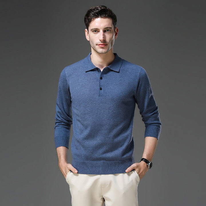 Men's Cashmere Knit Sweater Long Sleeve Polo Button Pullover