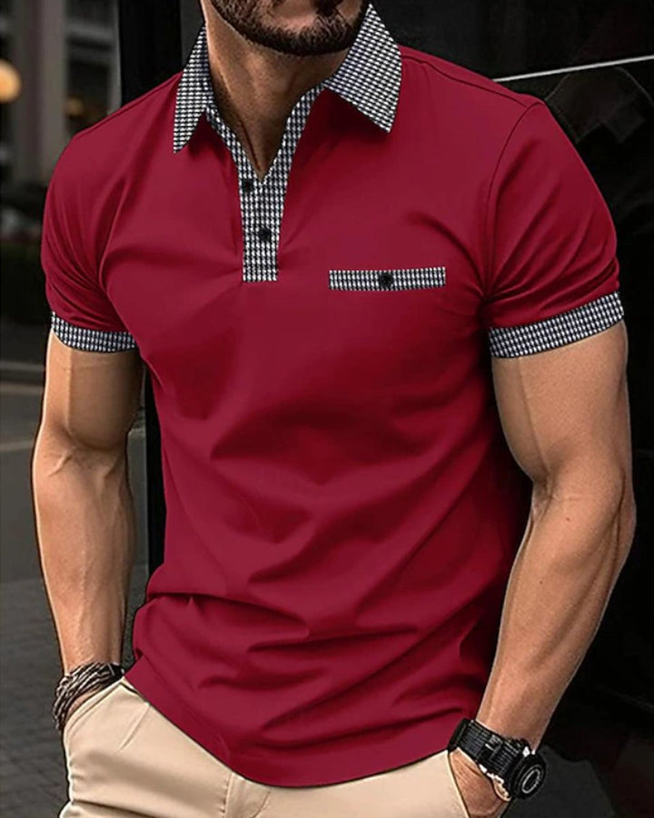 Men's Checkered Collar Short-Sleeve Polo Shirt - Red