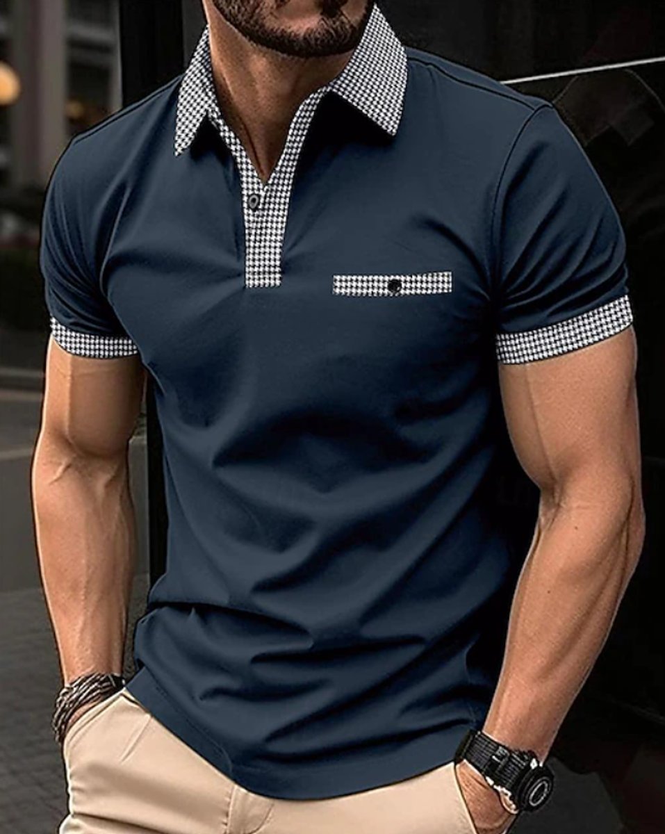 Men's Checkered Collar Short-Sleeve Polo Shirt - Navy Blue